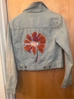 Express Light Blue Denim Jacket with Orange Sequin Flower Patch
